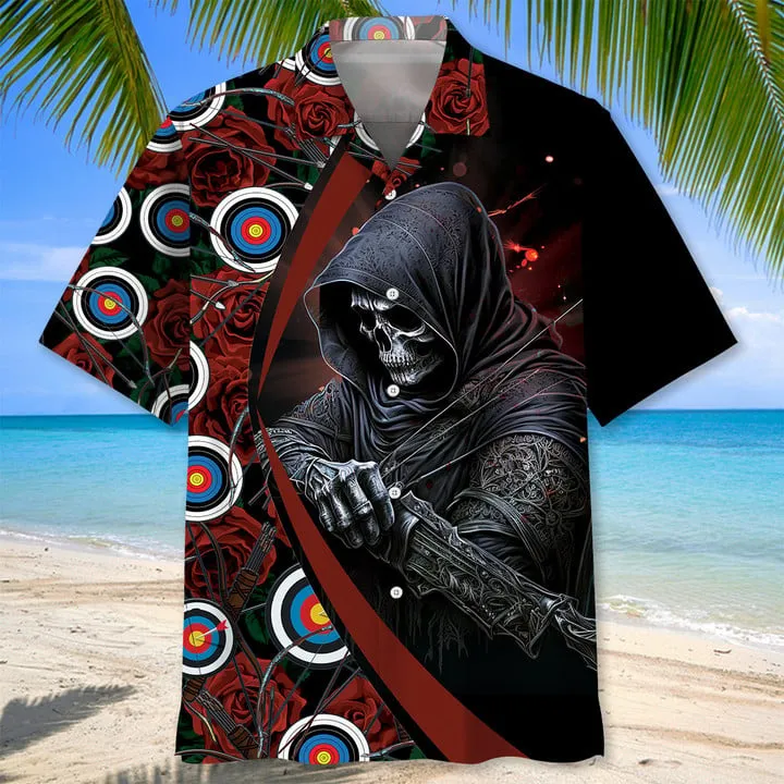 Archery Skull Rose Hawaiian Shirt, Archery team Hawaiian shit for men, Gift for Archery player