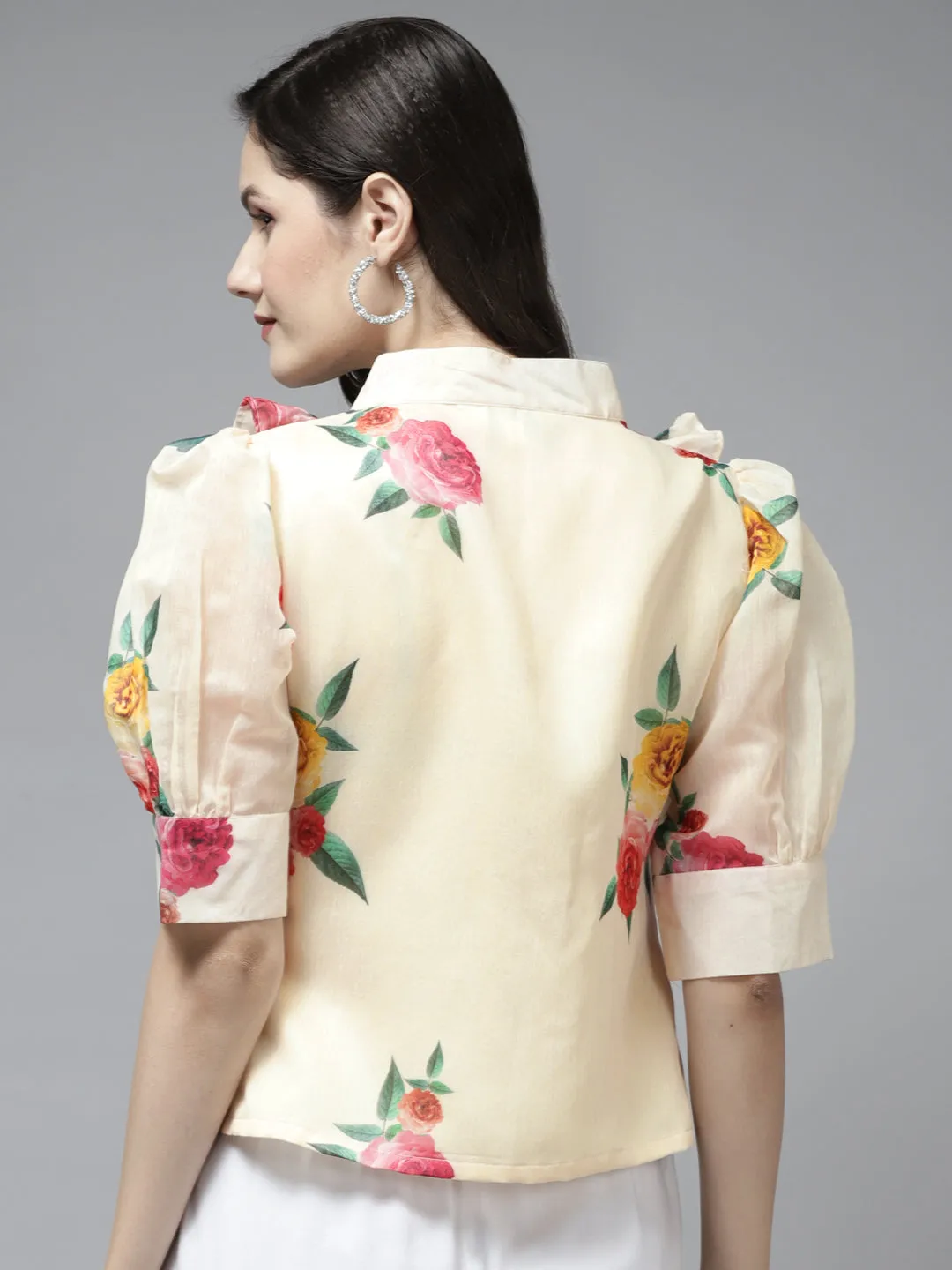 Beige Printed Front Knot and Ruffle Top