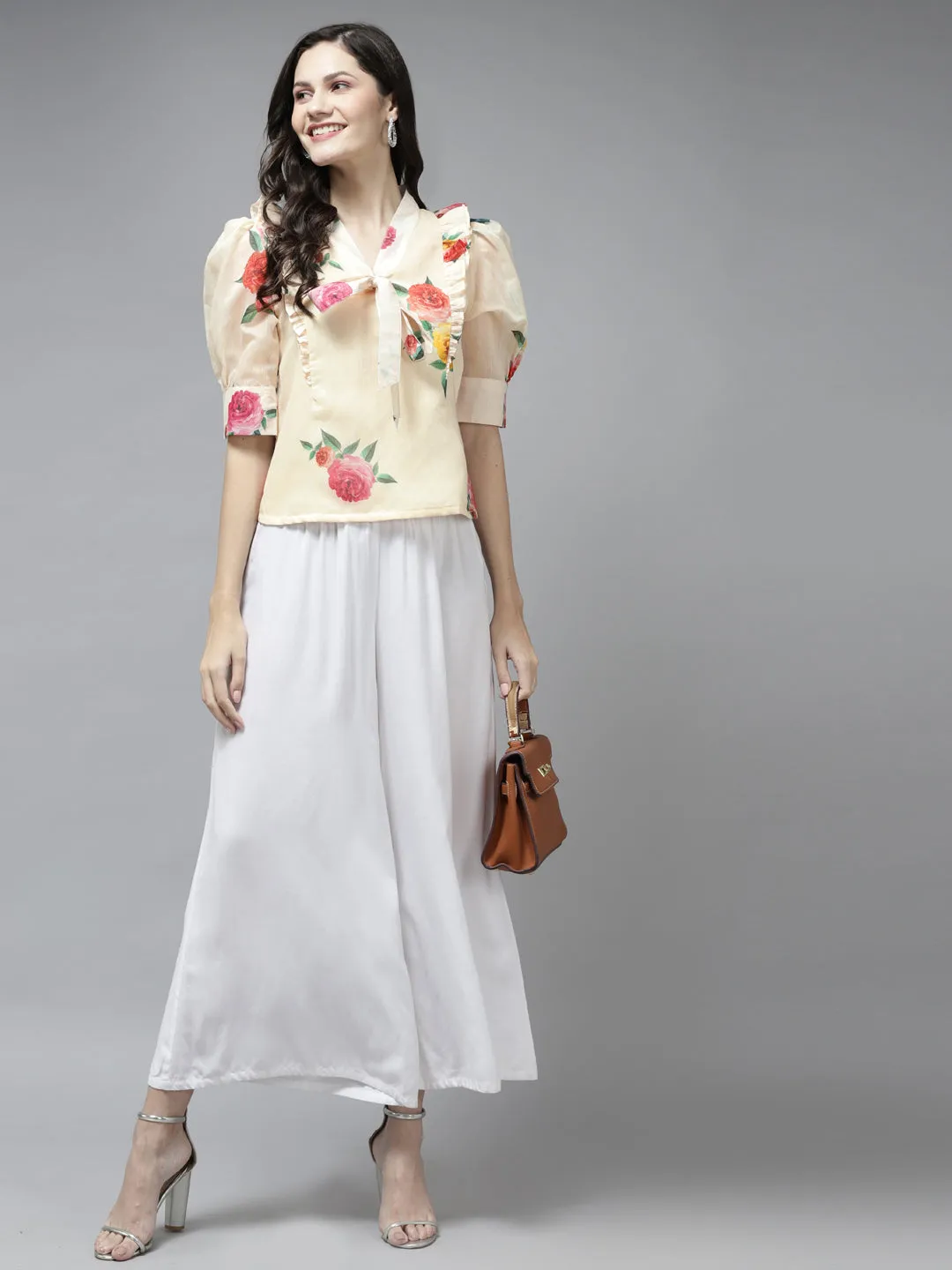 Beige Printed Front Knot and Ruffle Top