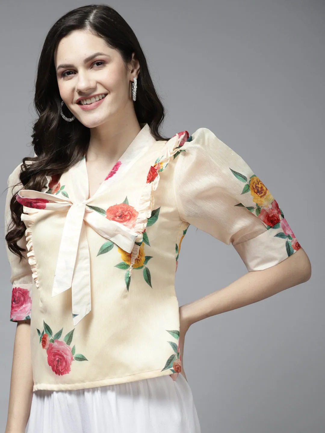 Beige Printed Front Knot and Ruffle Top