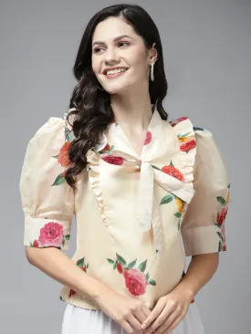 Beige Printed Front Knot and Ruffle Top