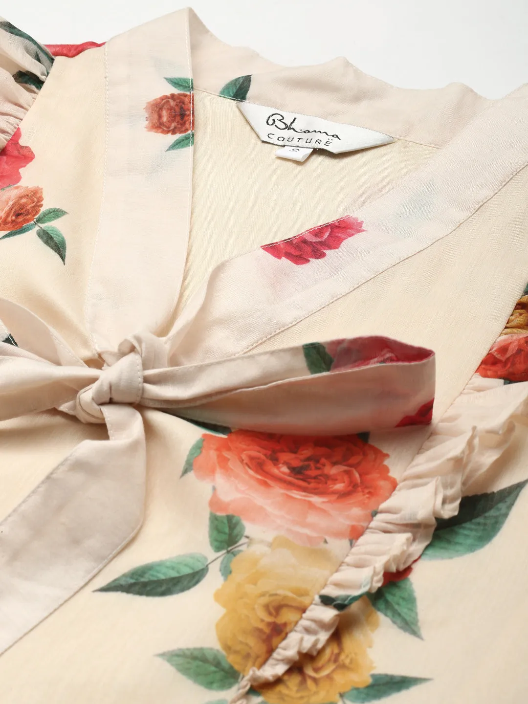 Beige Printed Front Knot and Ruffle Top