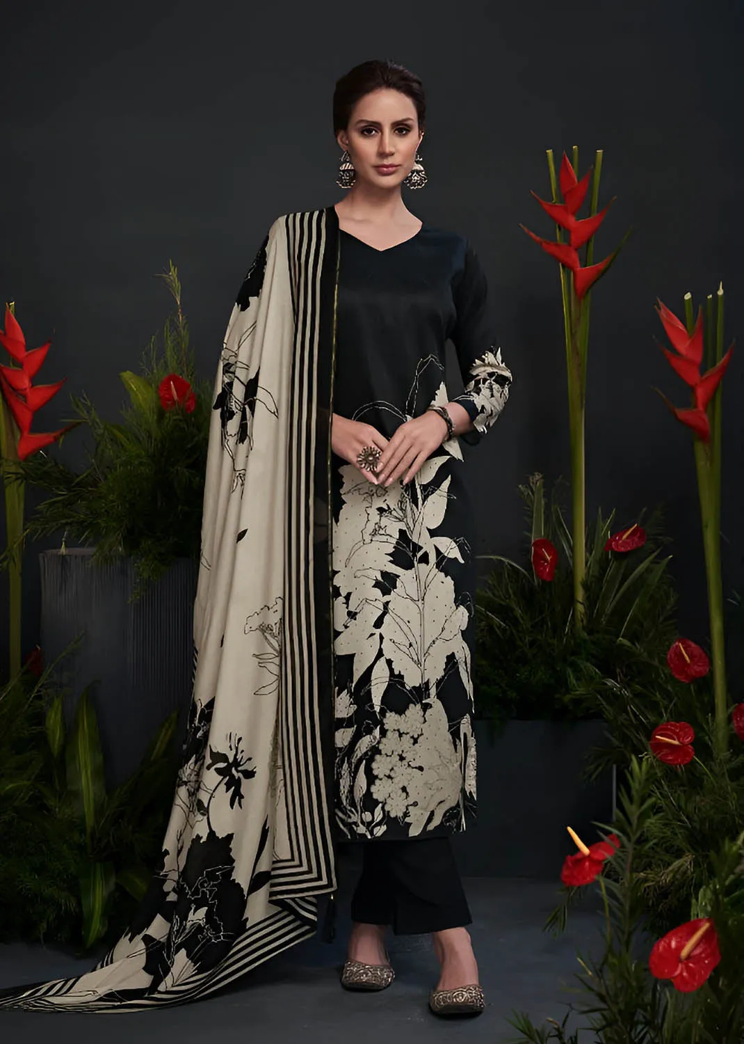 Black Cotton Silk Unstitched Suit Material with Dupatta for Women