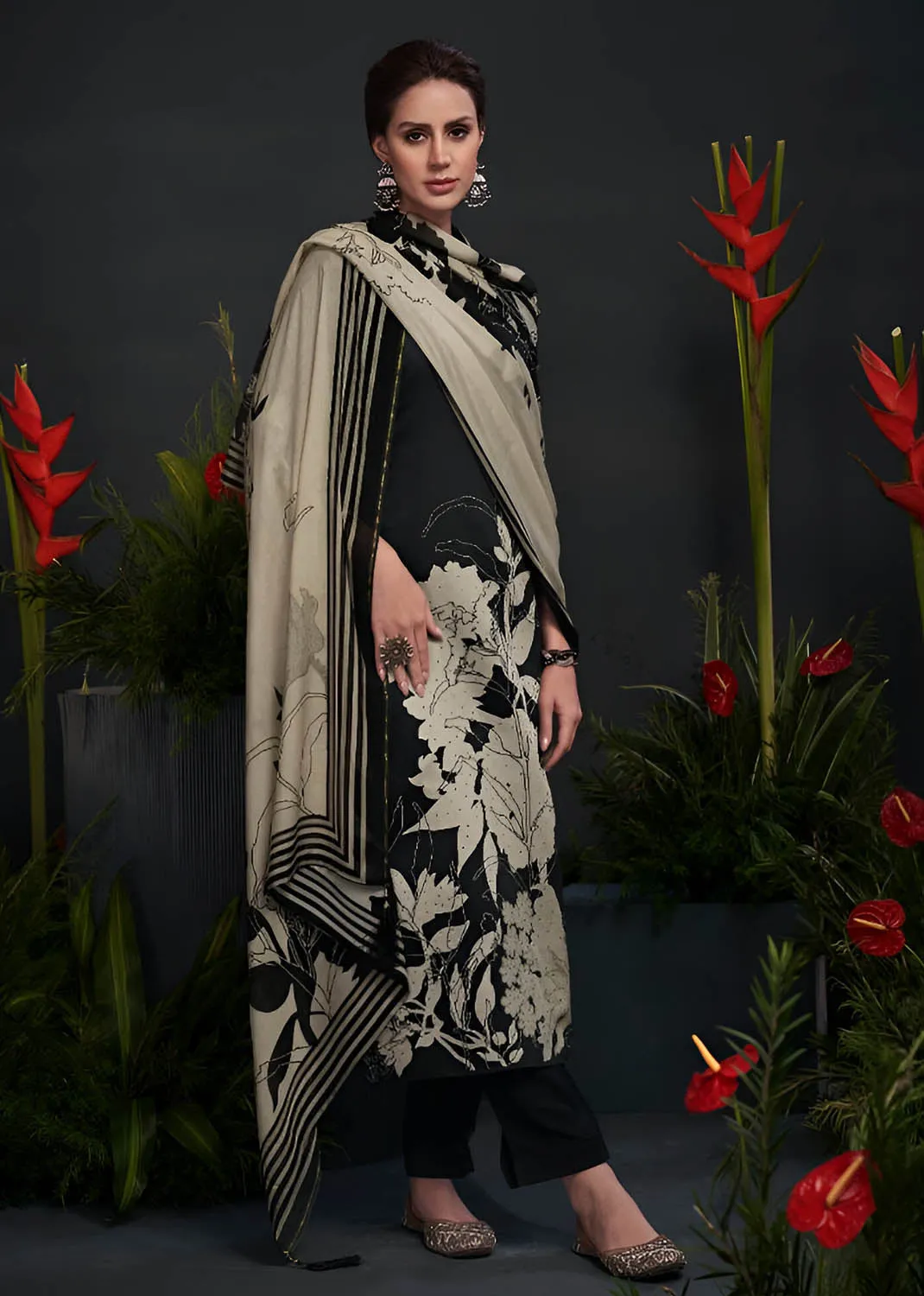 Black Cotton Silk Unstitched Suit Material with Dupatta for Women