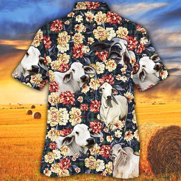 Cow men's Hawaiian shirt - Vintage Farm Hawaiian Shirts, Brahman Cattle Lovers Green Plaid Pattern Hawaiian Shirt