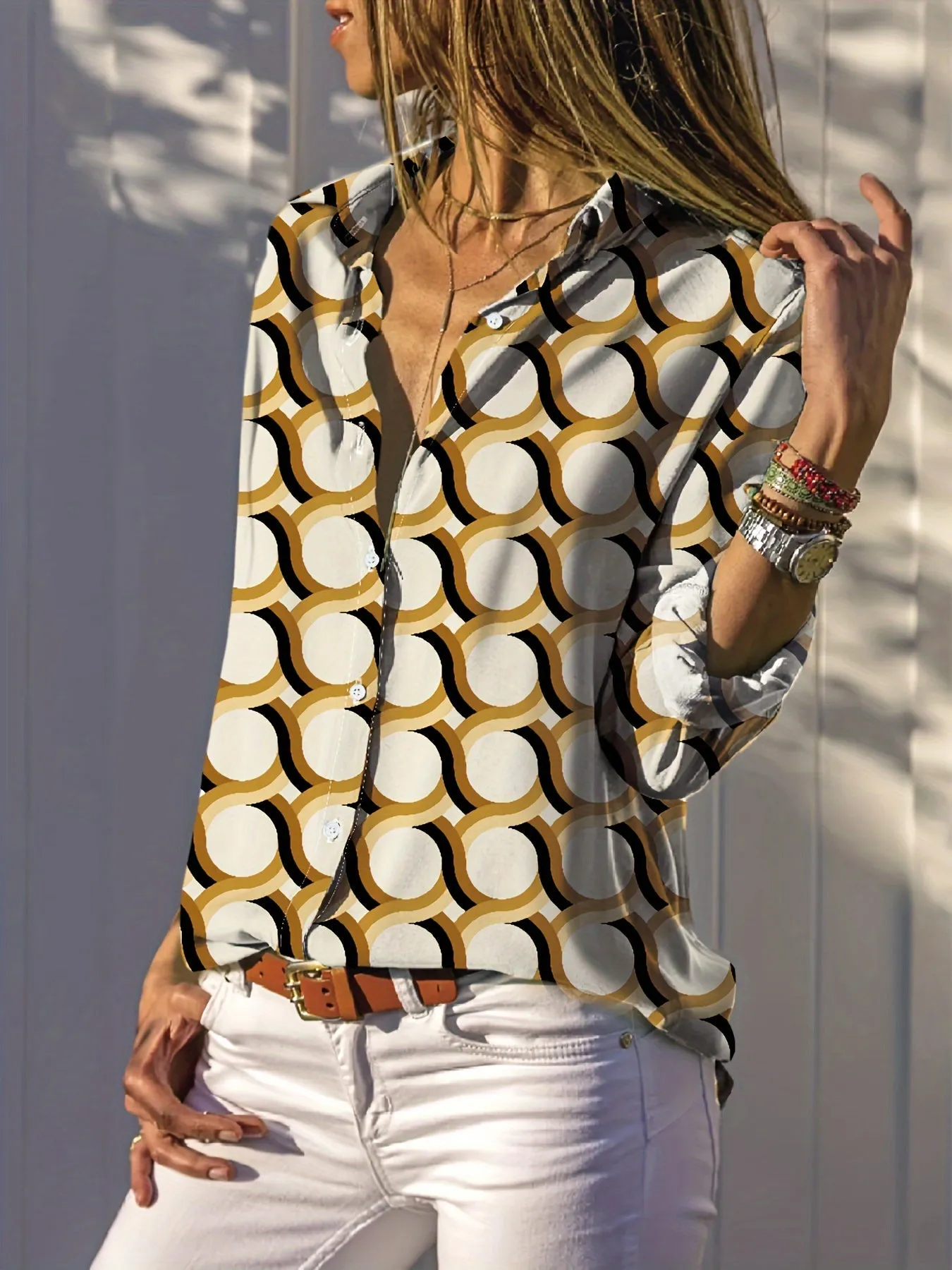 Elegant damesshirt met lange mouwen - chiffonblouse met kettingpatroon, lichtgewicht en veelzijdig
