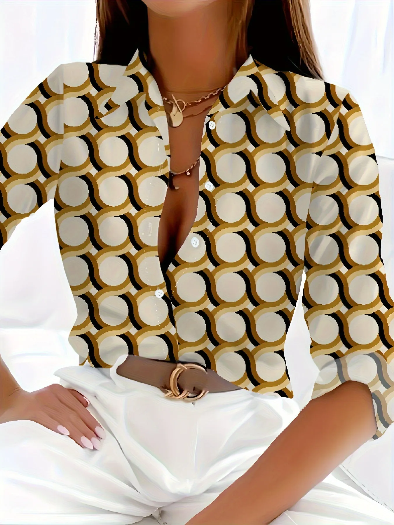 Elegant damesshirt met lange mouwen - chiffonblouse met kettingpatroon, lichtgewicht en veelzijdig