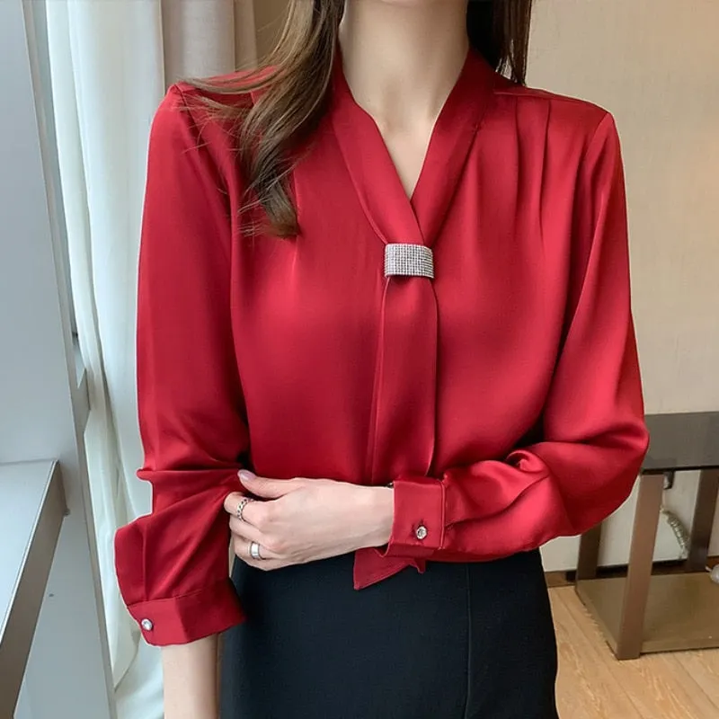 Fashion Chiffon Long Sleeve Ribbon Blouse Tops