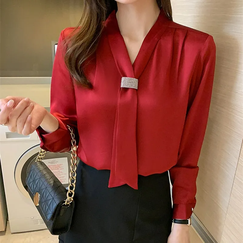 Fashion Chiffon Long Sleeve Ribbon Blouse Tops
