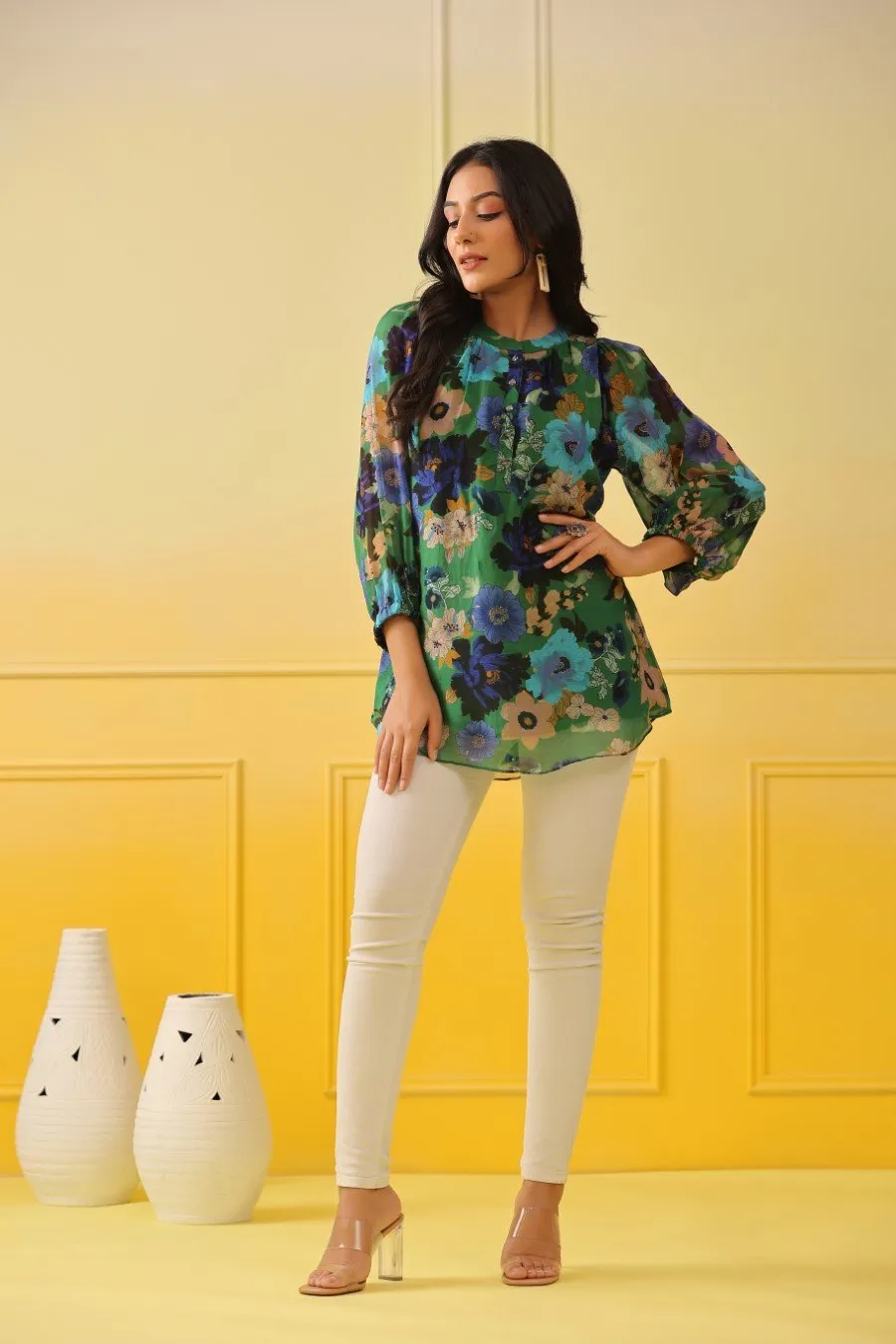 Green Blue Floral Organza Silk Top