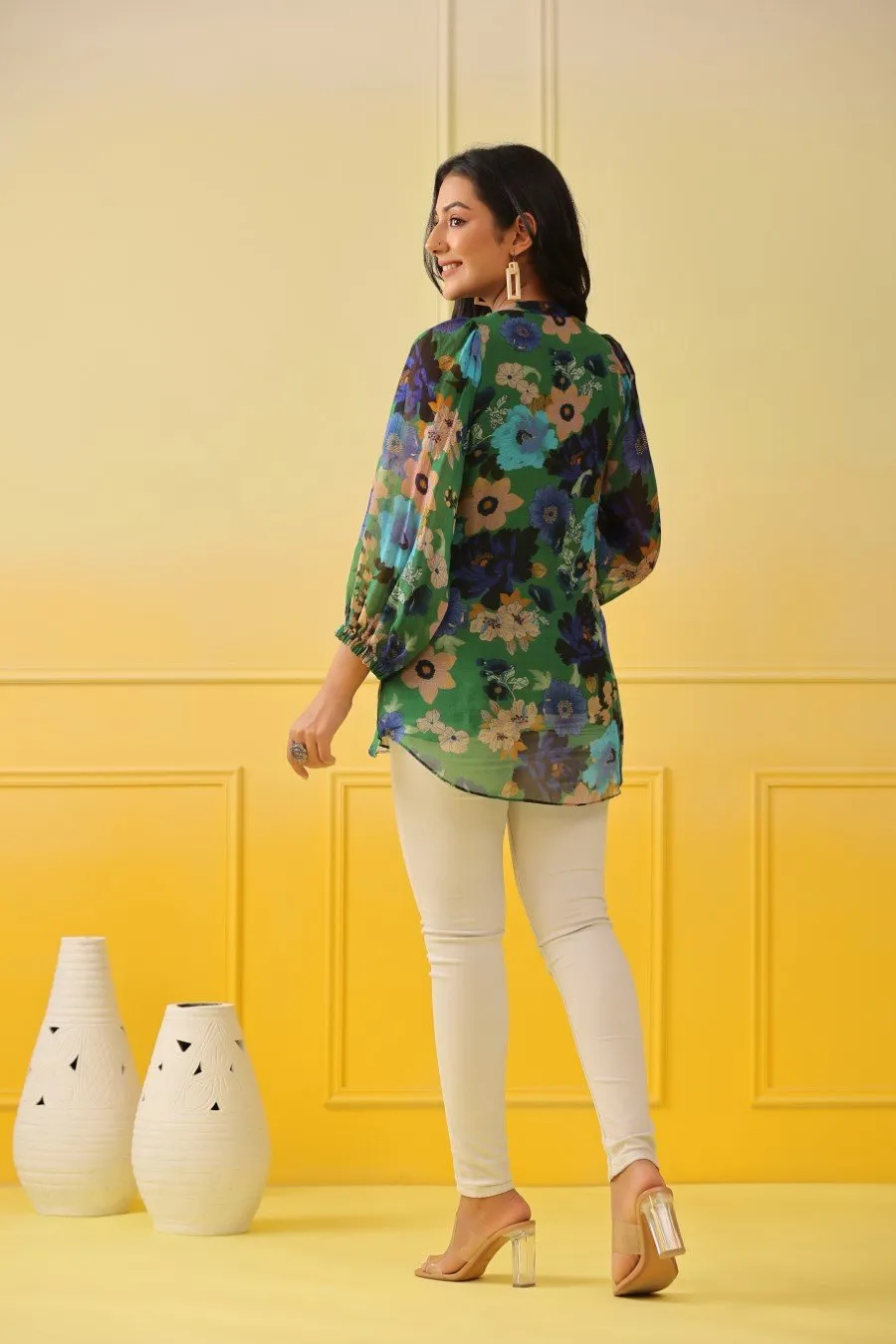Green Blue Floral Organza Silk Top