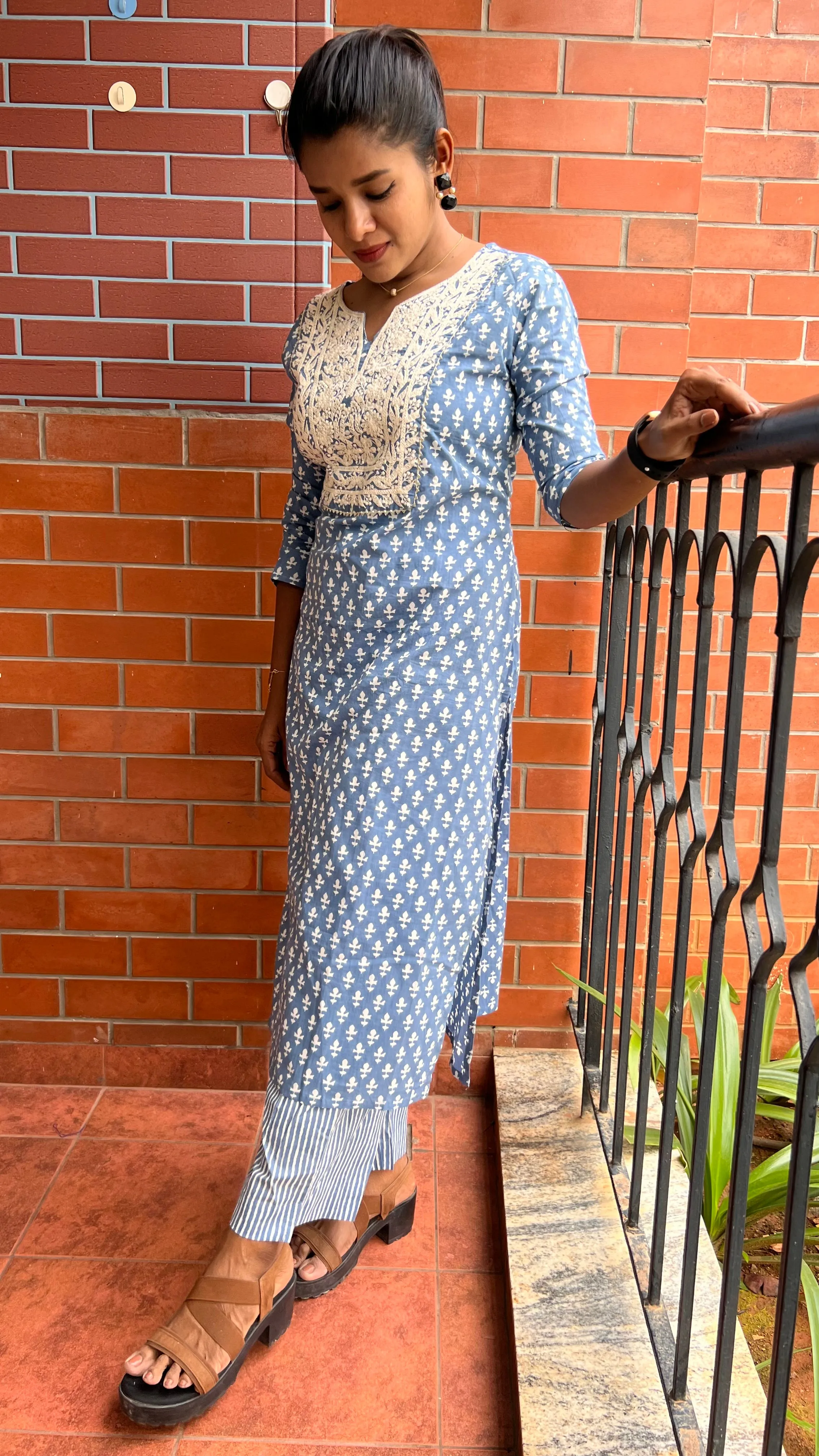 Grey & white embroidery hand worked 2 piece kurti set