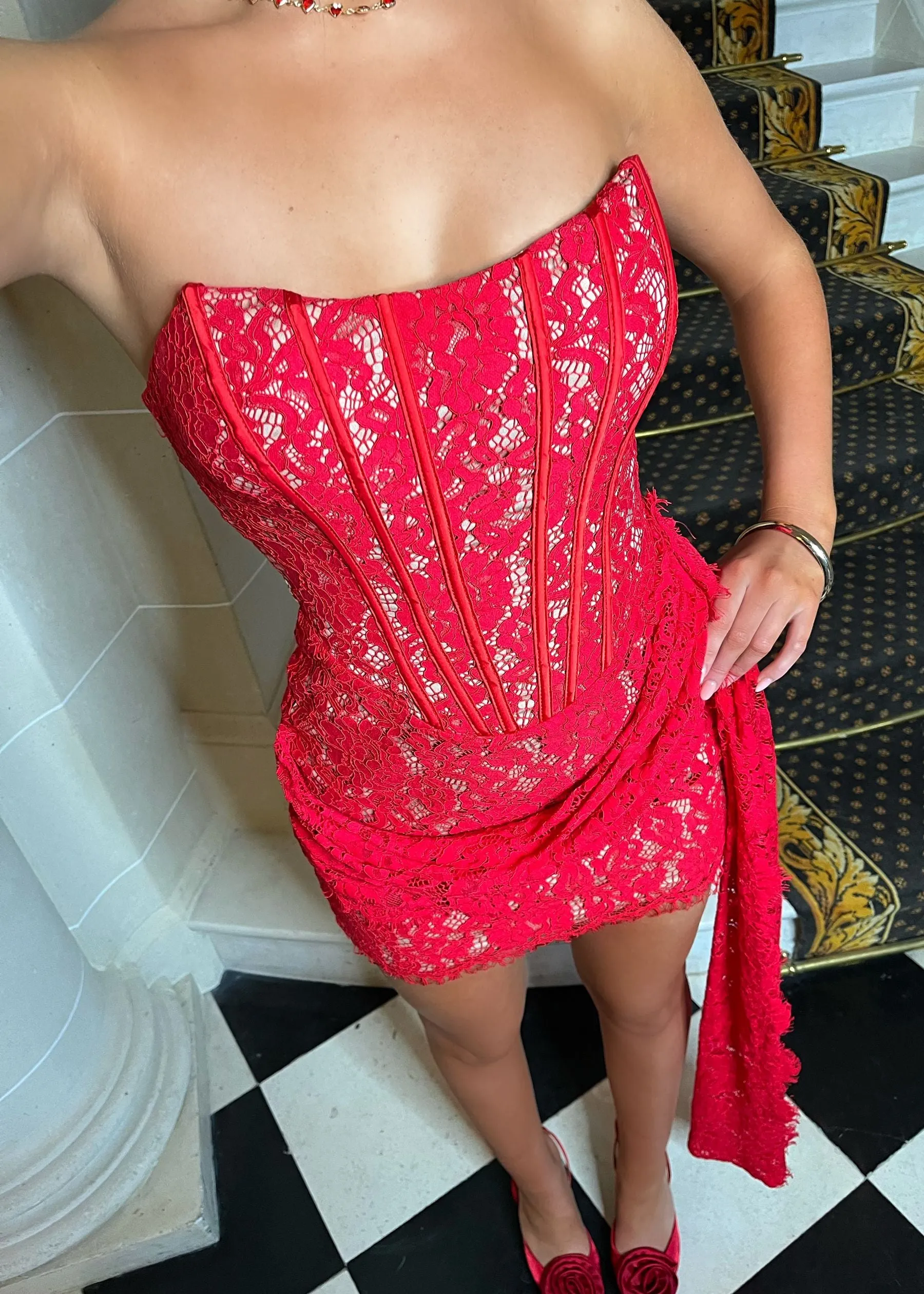 It's Complicated Lace Mini Dress with Drape - Red