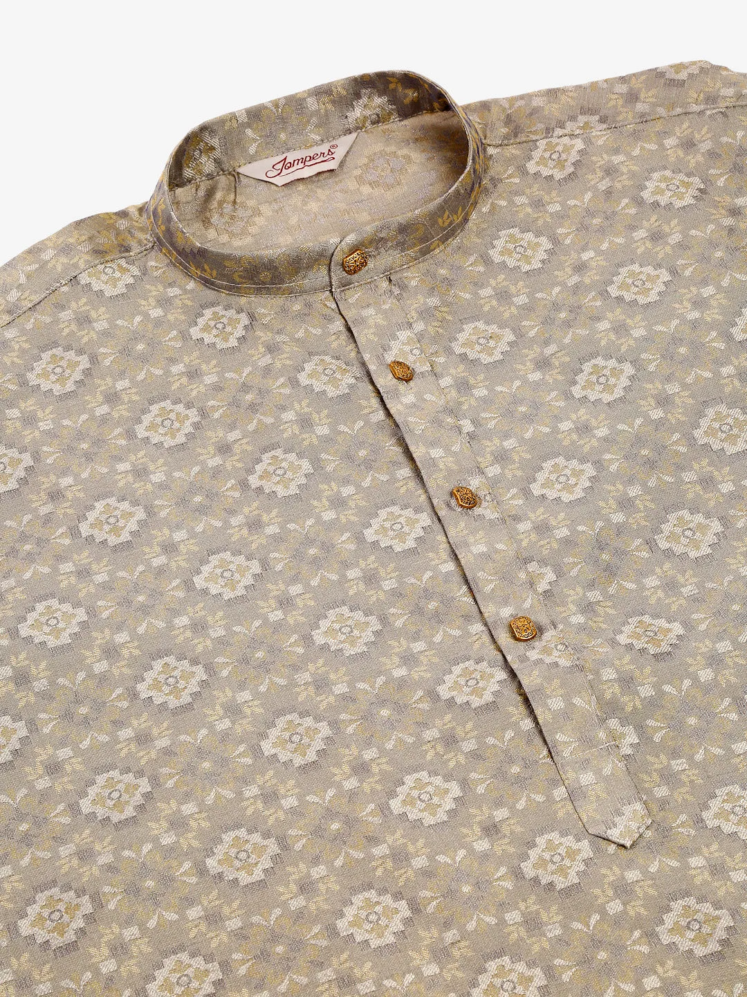 Men Grey Floral Printed Kurta With Churidar