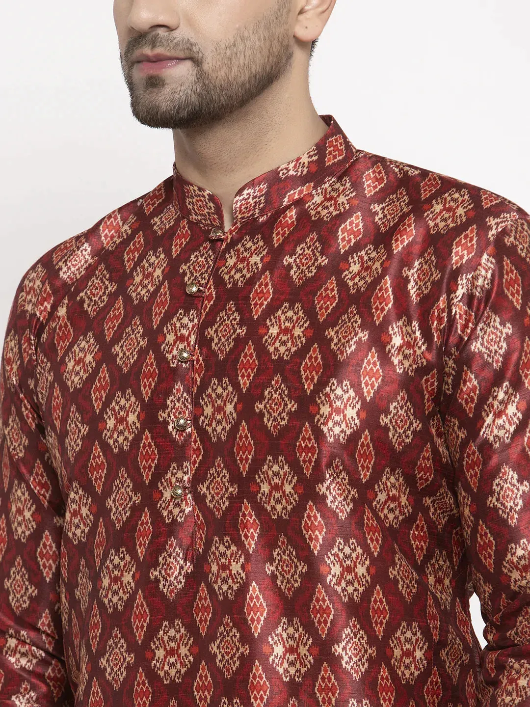 Men Maroon Printed Kurta With Pyjamas