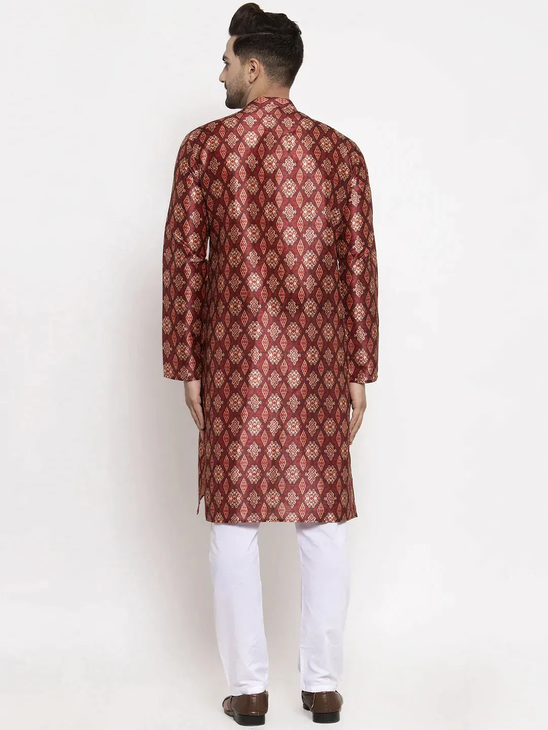 Men Maroon Printed Kurta With Pyjamas