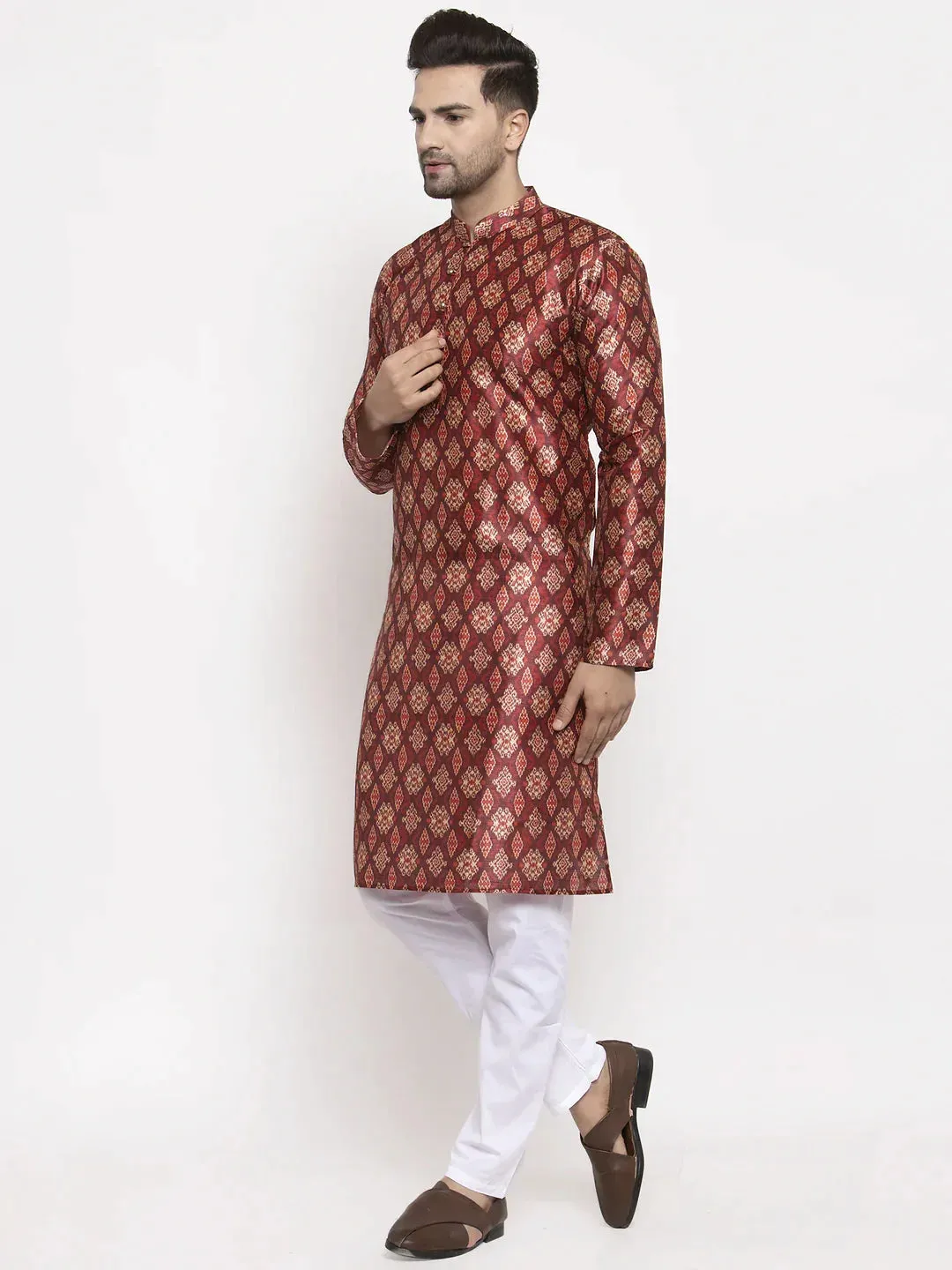 Men Maroon Printed Kurta With Pyjamas