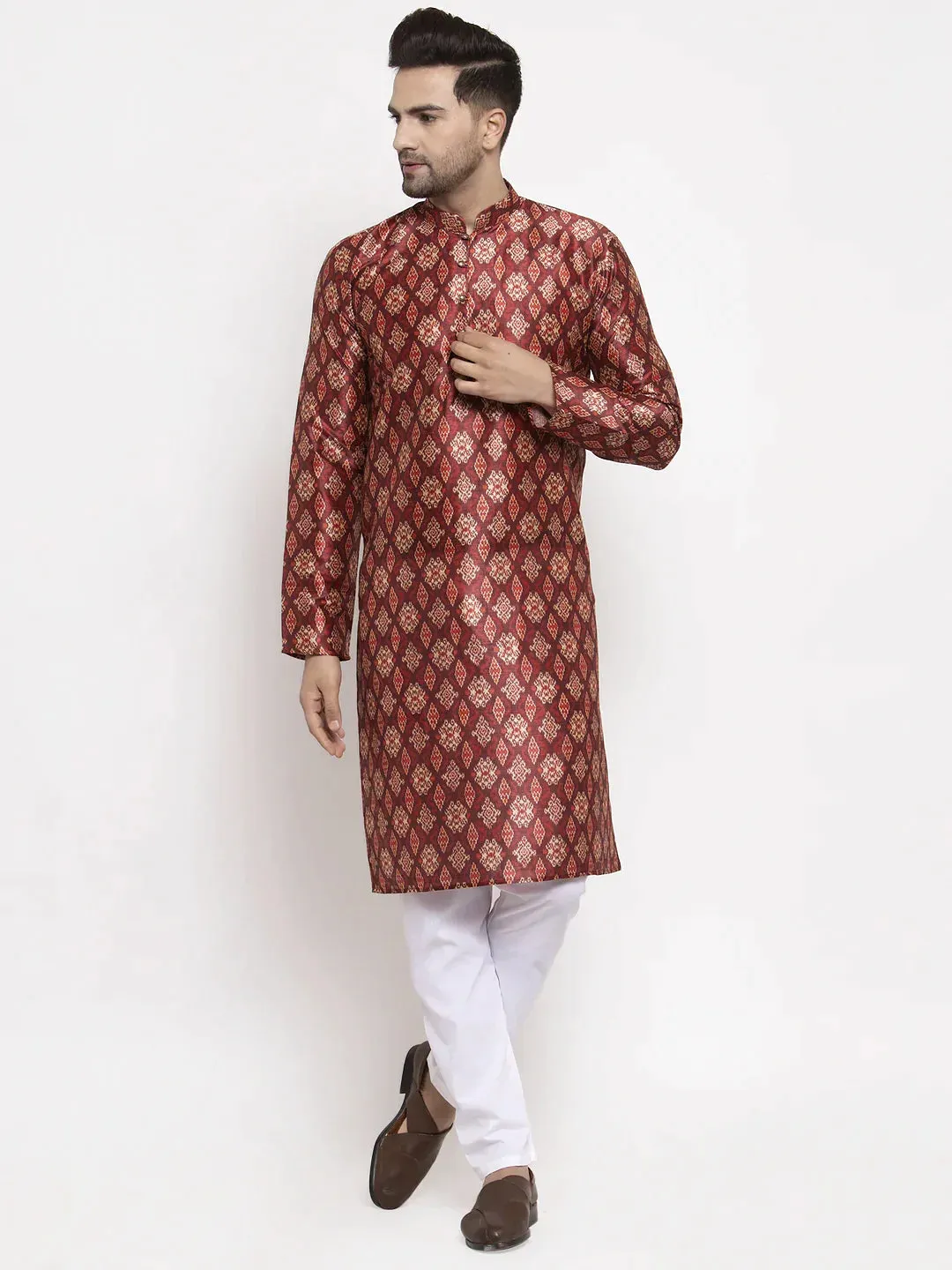 Men Maroon Printed Kurta With Pyjamas