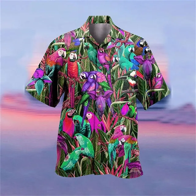 Men's Shirt Summer Hawaiian Shirt, Camp Collar Shirt Graphic Shirt Aloha Shirt, Parrot Turndown Yellow Light Green Pink Red Blue 3D Print