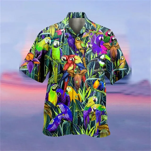 Men's Shirt Summer Hawaiian Shirt, Camp Collar Shirt Graphic Shirt Aloha Shirt, Parrot Turndown Yellow Light Green Pink Red Blue 3D Print