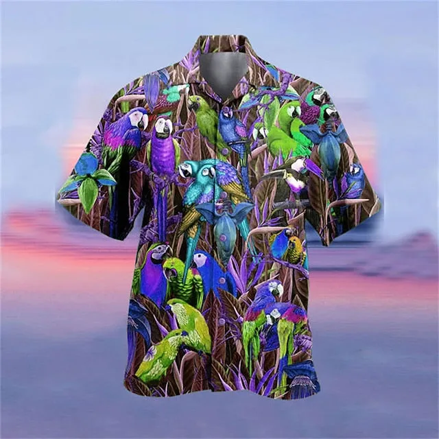 Men's Shirt Summer Hawaiian Shirt, Camp Collar Shirt Graphic Shirt Aloha Shirt, Parrot Turndown Yellow Light Green Pink Red Blue 3D Print