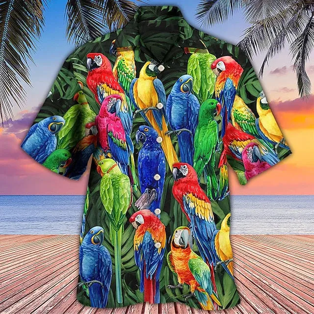 Men's Shirt Summer Hawaiian Shirt, Camp Collar Shirt Graphic Shirt Aloha Shirt, Parrot Turndown Yellow Light Green Pink Red Blue 3D Print