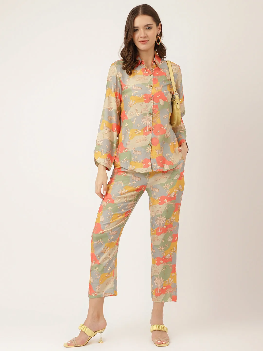 Multi Colour Quirky Print Muslin  Co Ord Set