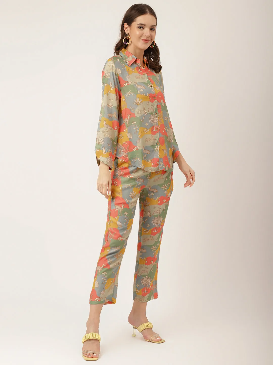 Multi Colour Quirky Print Muslin  Co Ord Set