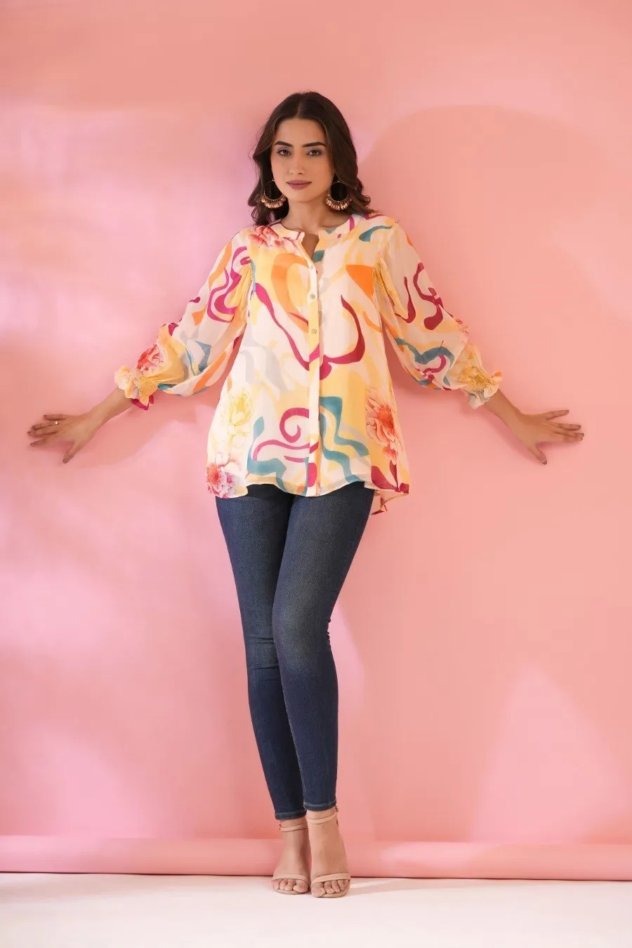 Off White Colourful Printed Crepe Silk Top