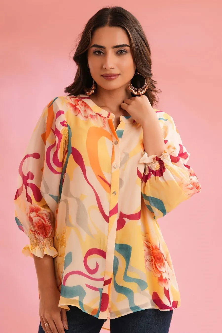 Off White Colourful Printed Crepe Silk Top