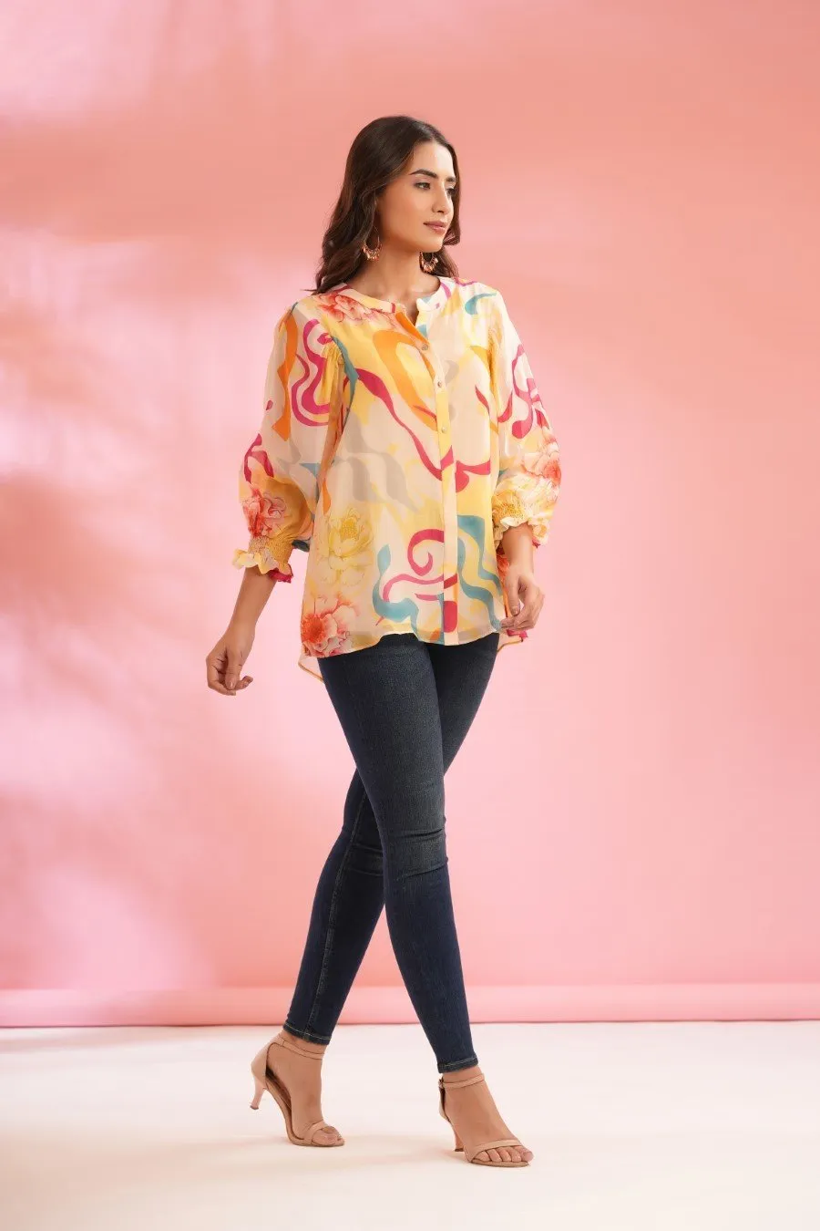 Off White Colourful Printed Crepe Silk Top