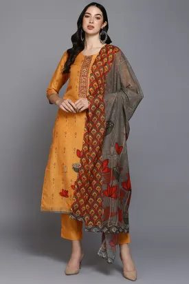 Orange Silk Blend Ethnic Motifs Straight Suit Set