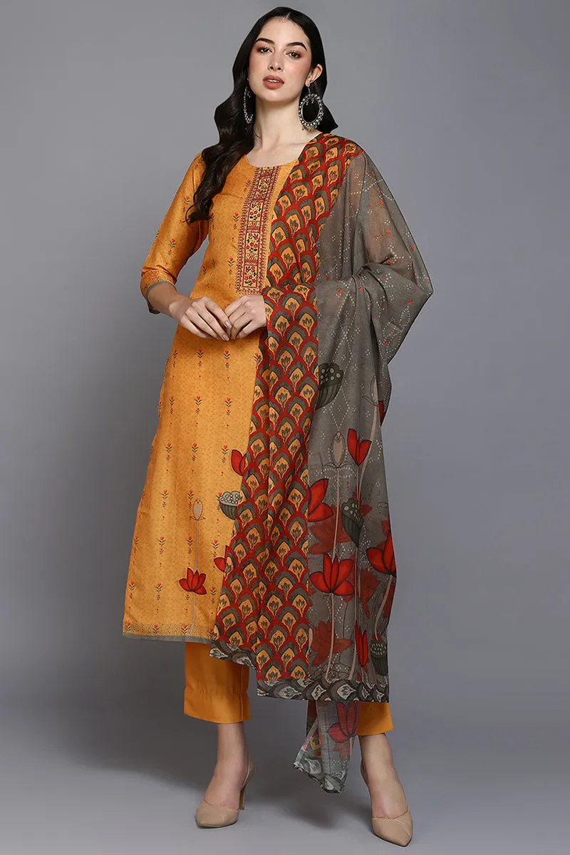 Orange Silk Blend Ethnic Motifs Straight Suit Set