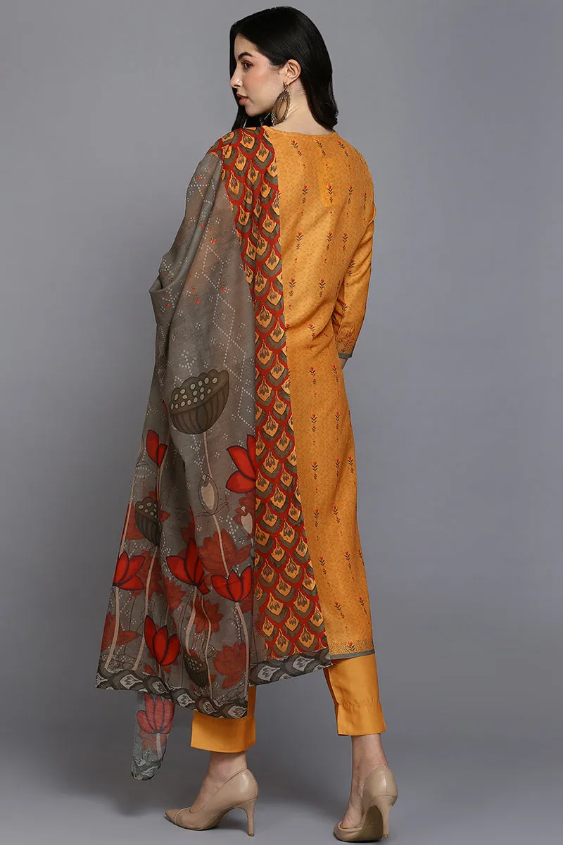 Orange Silk Blend Ethnic Motifs Straight Suit Set