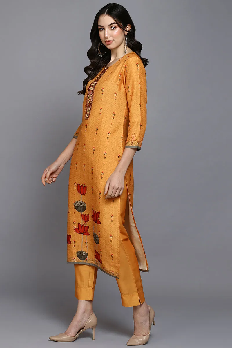 Orange Silk Blend Ethnic Motifs Straight Suit Set