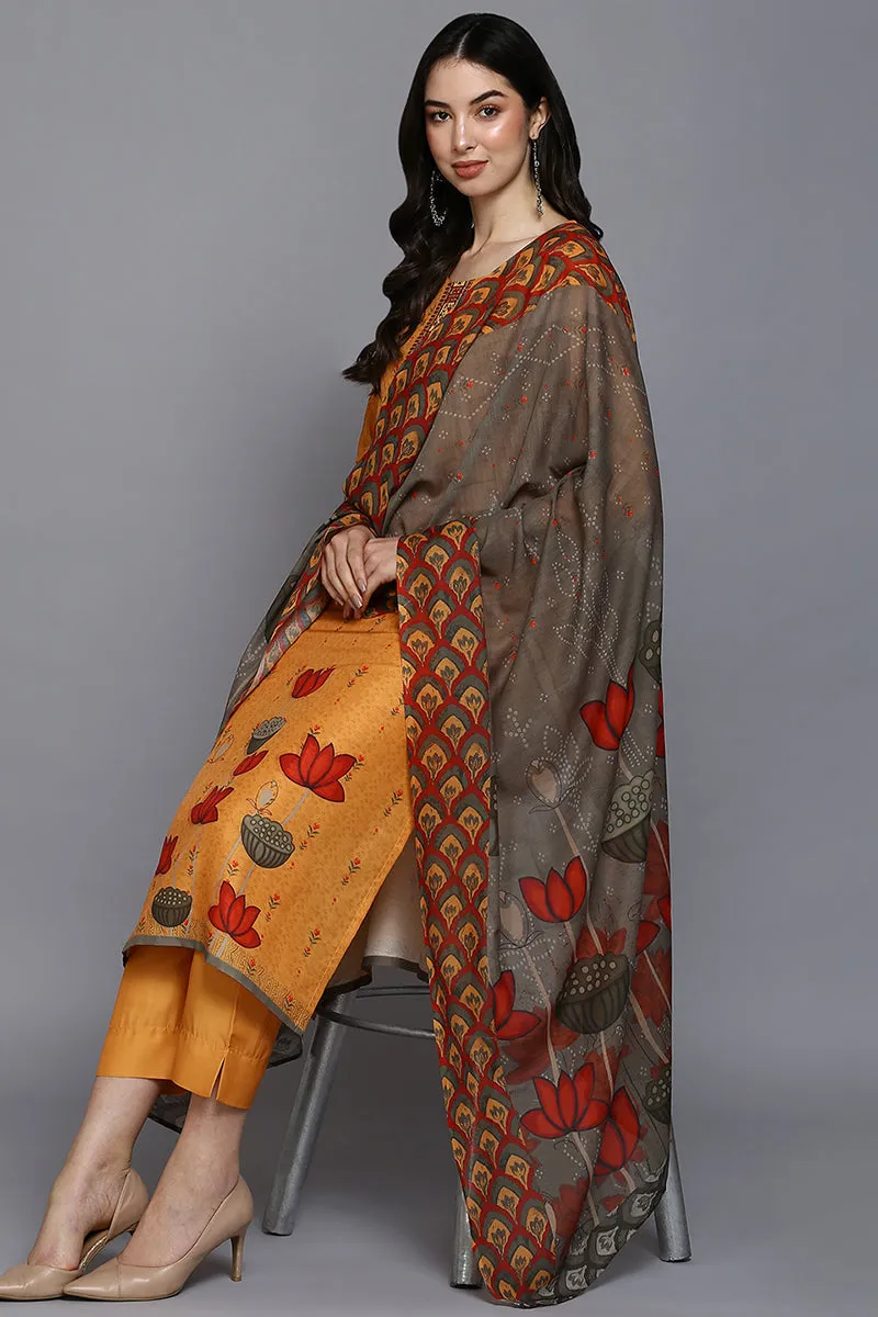Orange Silk Blend Ethnic Motifs Straight Suit Set