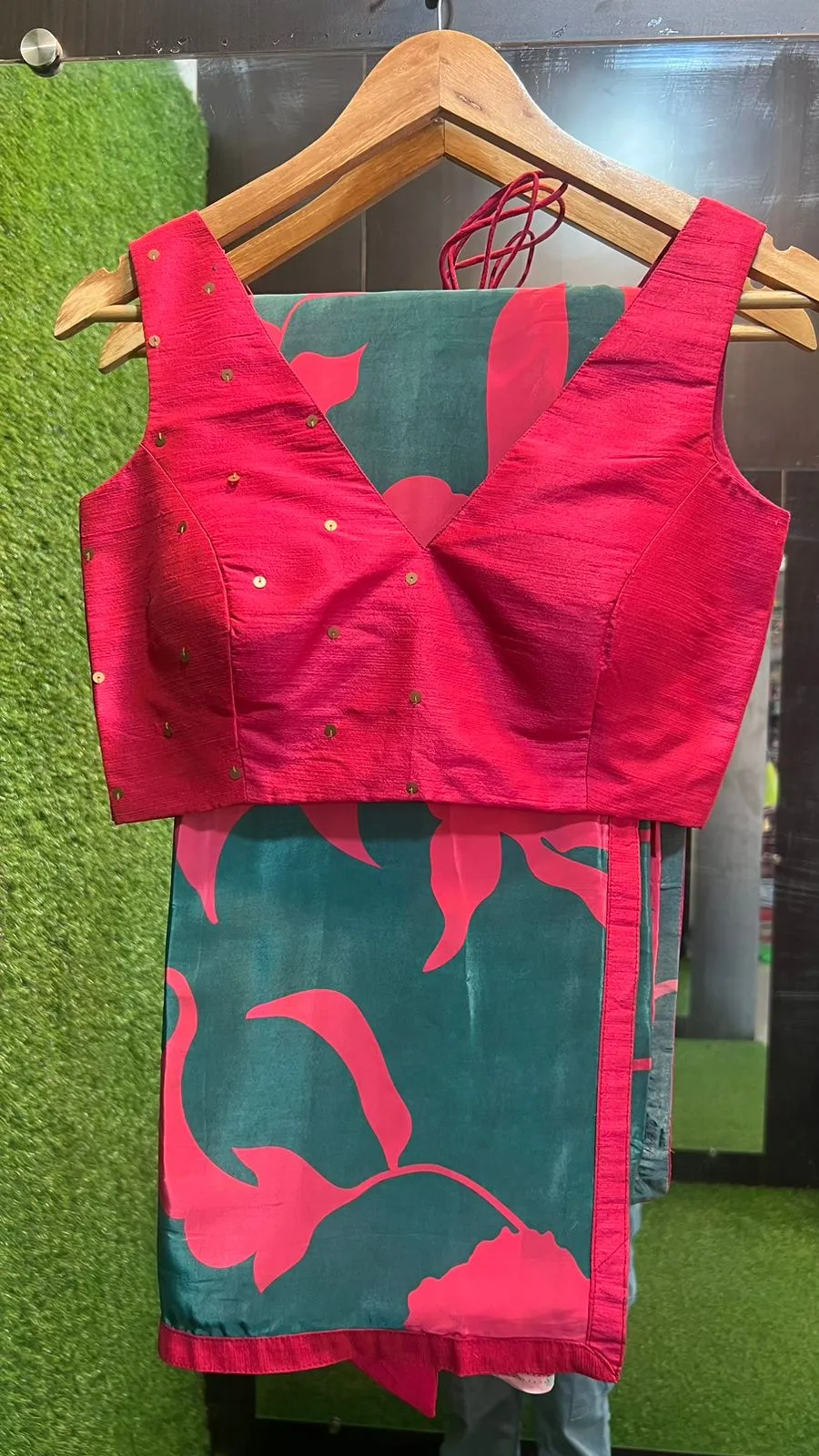 Peacock blue floral modal saree with pink hand work blouse