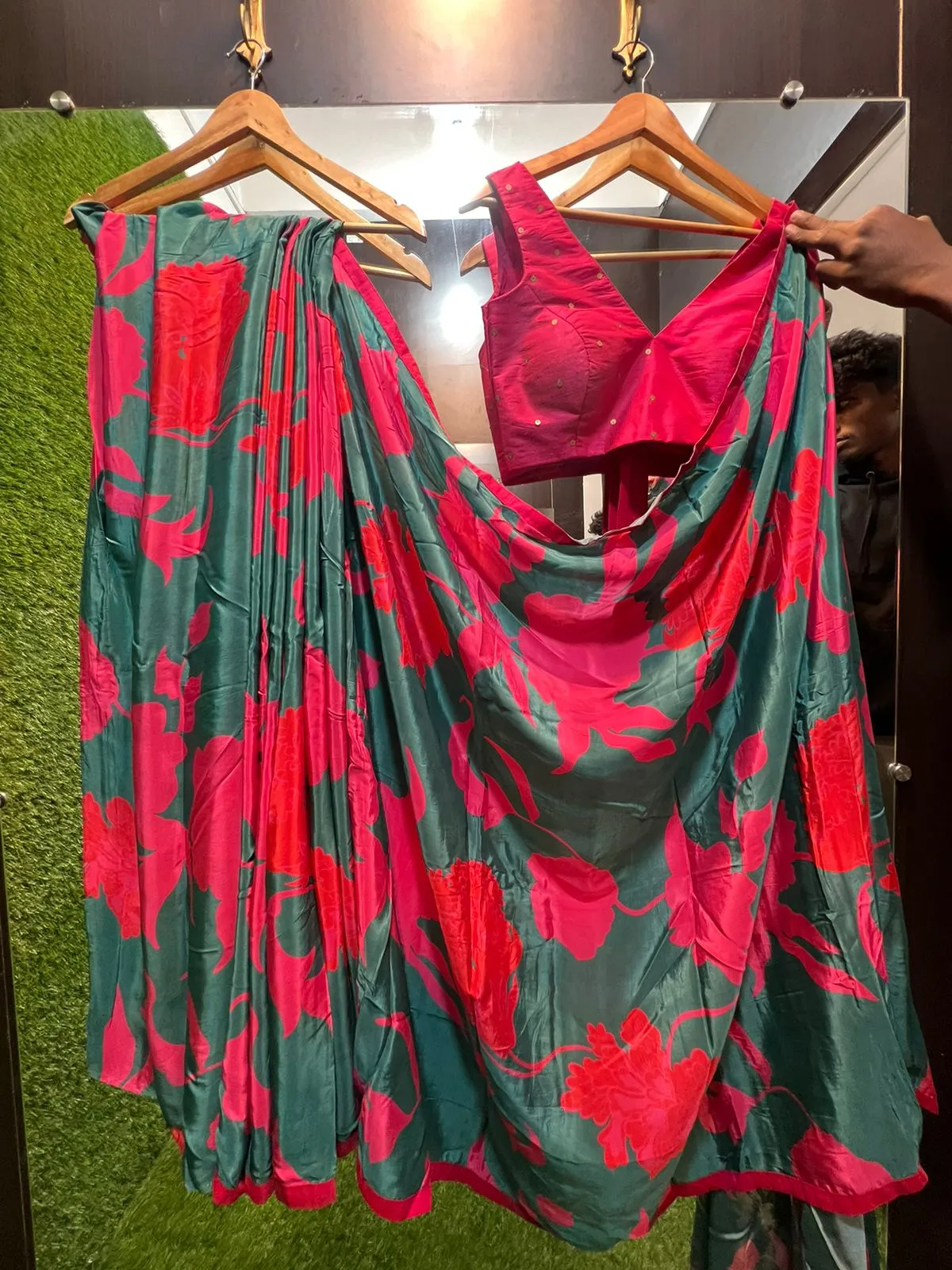 Peacock blue floral modal saree with pink hand work blouse