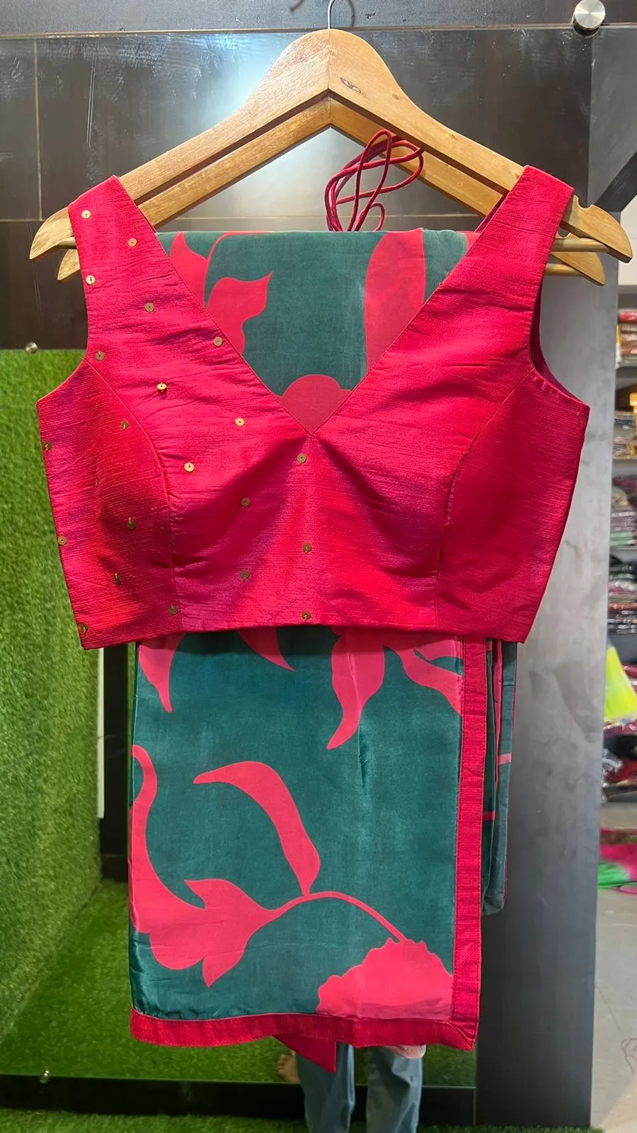 Peacock blue floral modal saree with pink hand work blouse