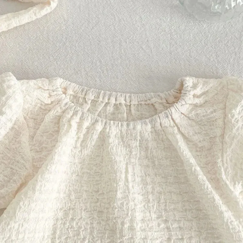 Puff Sleeve Blouse  Solid Shorts & Bow Headband Set
