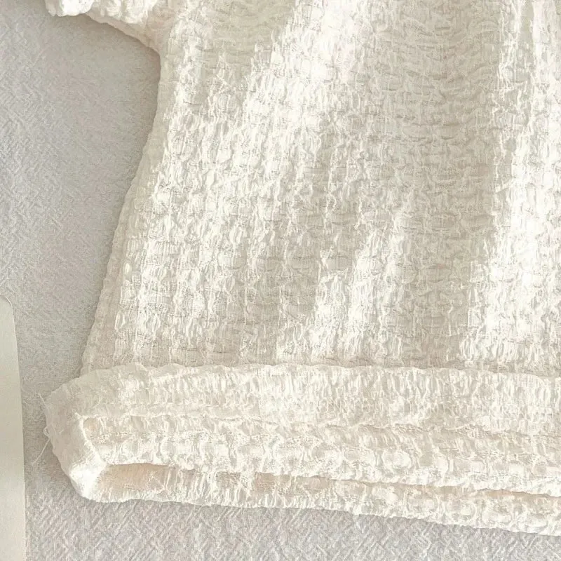 Puff Sleeve Blouse  Solid Shorts & Bow Headband Set