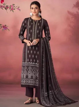 Unstitched Brown Pashmina Winter Suit Material with Muslin Silk Dupatta