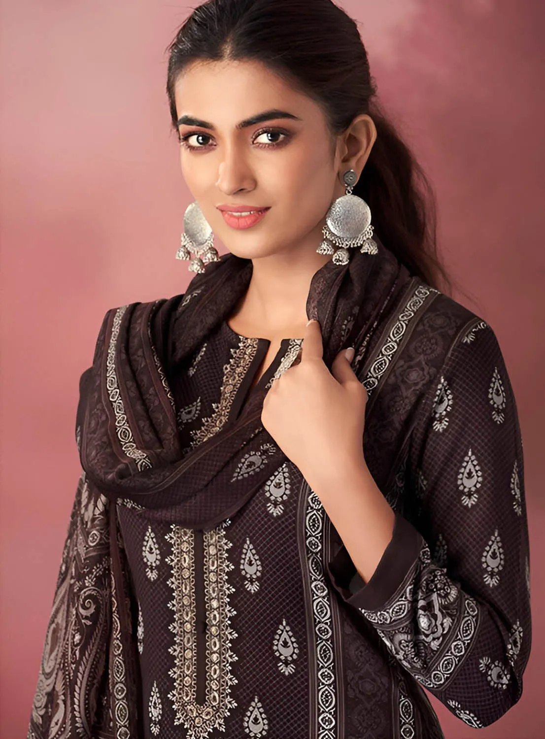 Unstitched Brown Pashmina Winter Suit Material with Muslin Silk Dupatta