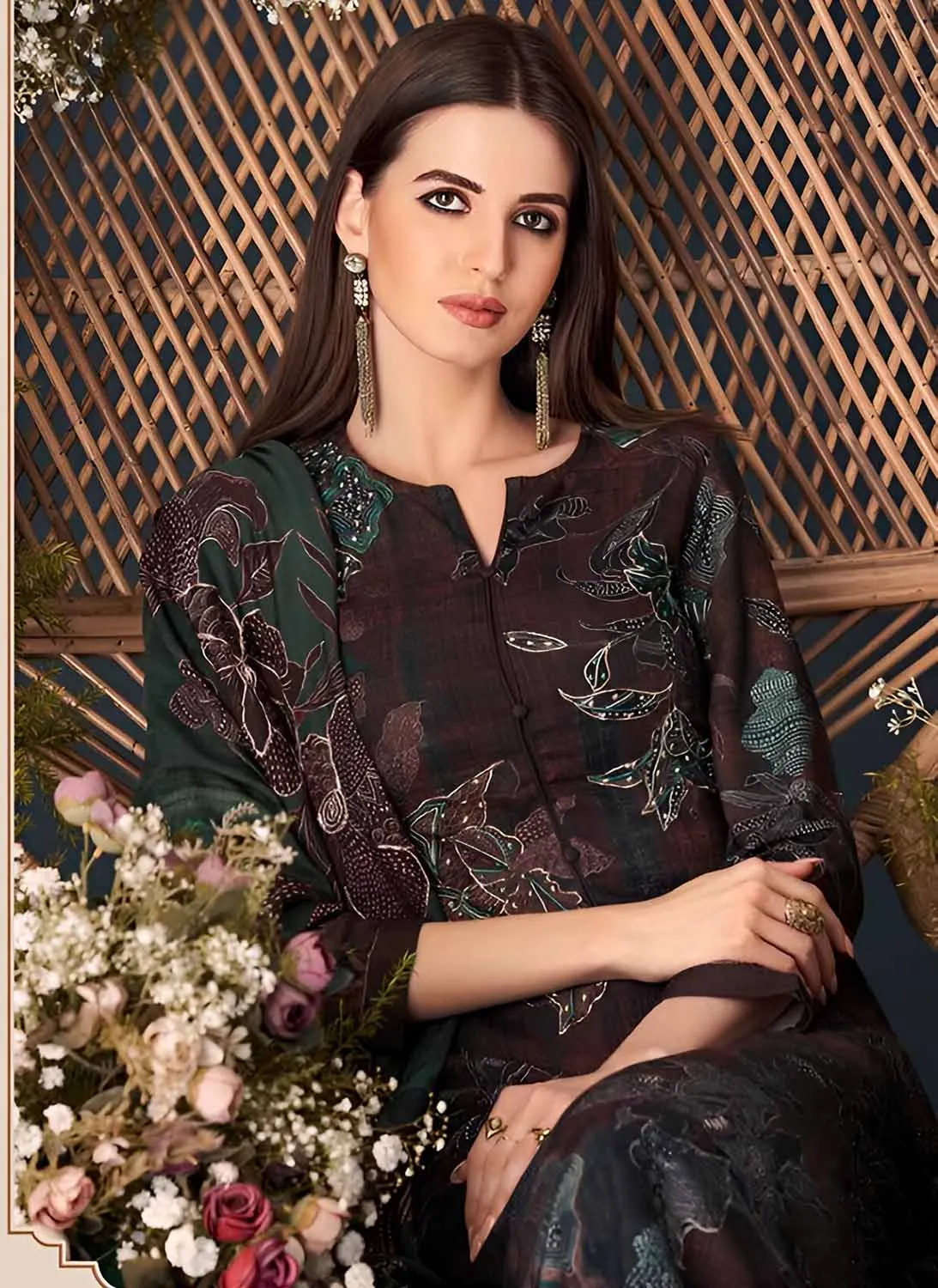 Unstitched Brown Printed Pashmina Winter Suit Dress Material for Women