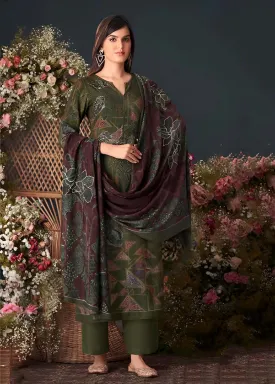 Unstitched Green Pure Pashmina Winter Suit Dress Material for Women