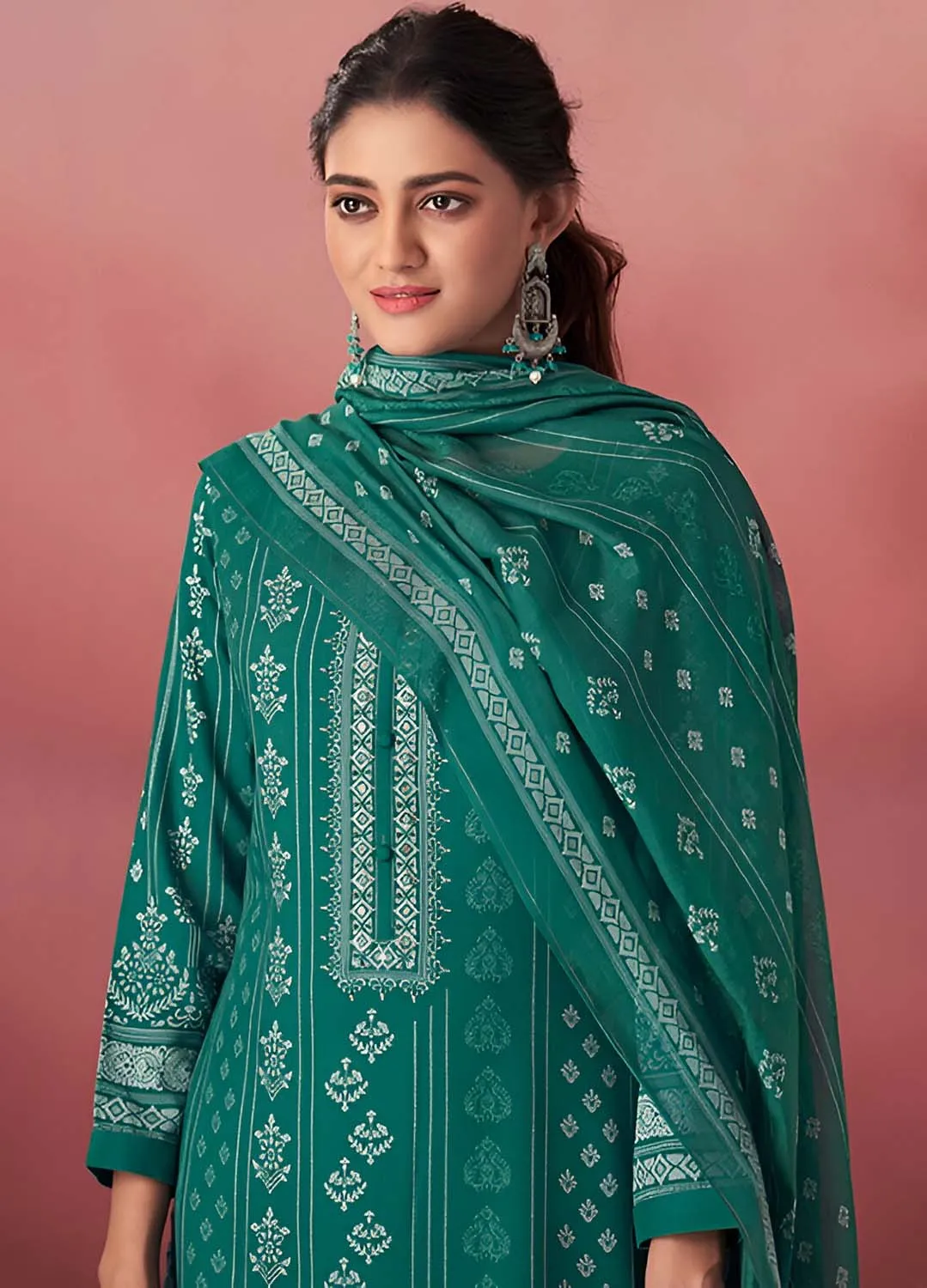 Unstitched Pashmina Winter Suit Dress Material with Muslin Silk Dupatta
