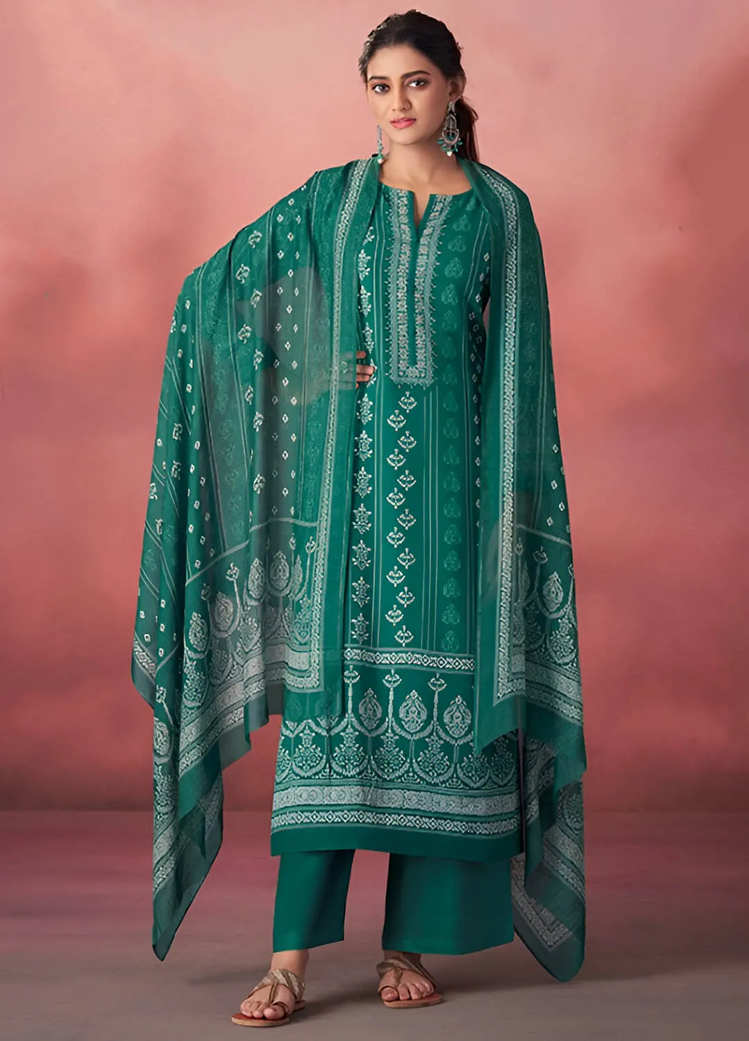 Unstitched Pashmina Winter Suit Dress Material with Muslin Silk Dupatta