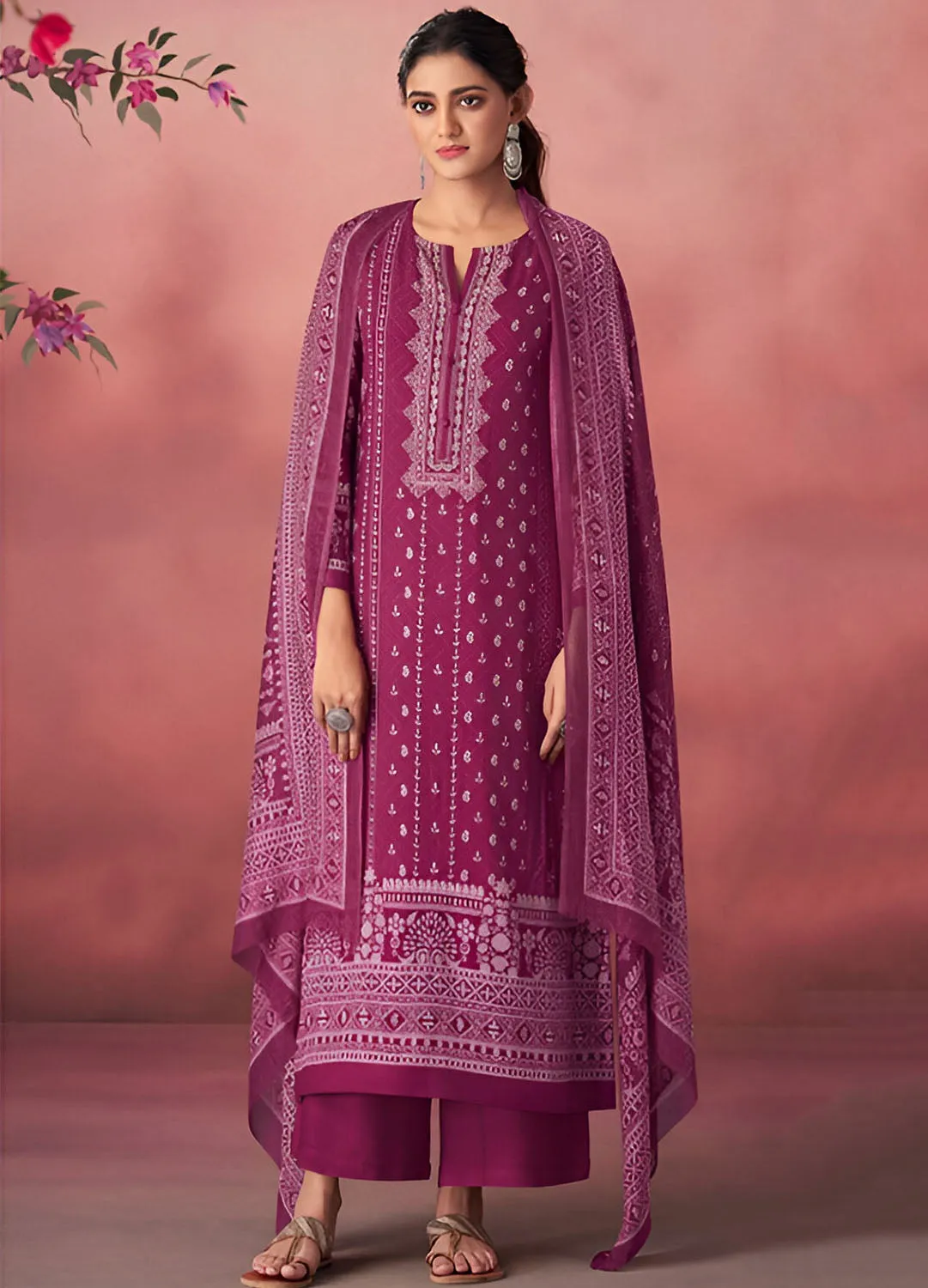 Unstitched Pink Pashmina Winter Suit Material with Muslin Silk Dupatta
