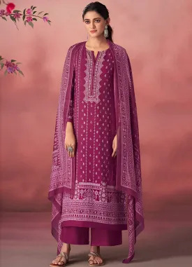 Unstitched Pink Pashmina Winter Suit Material with Muslin Silk Dupatta