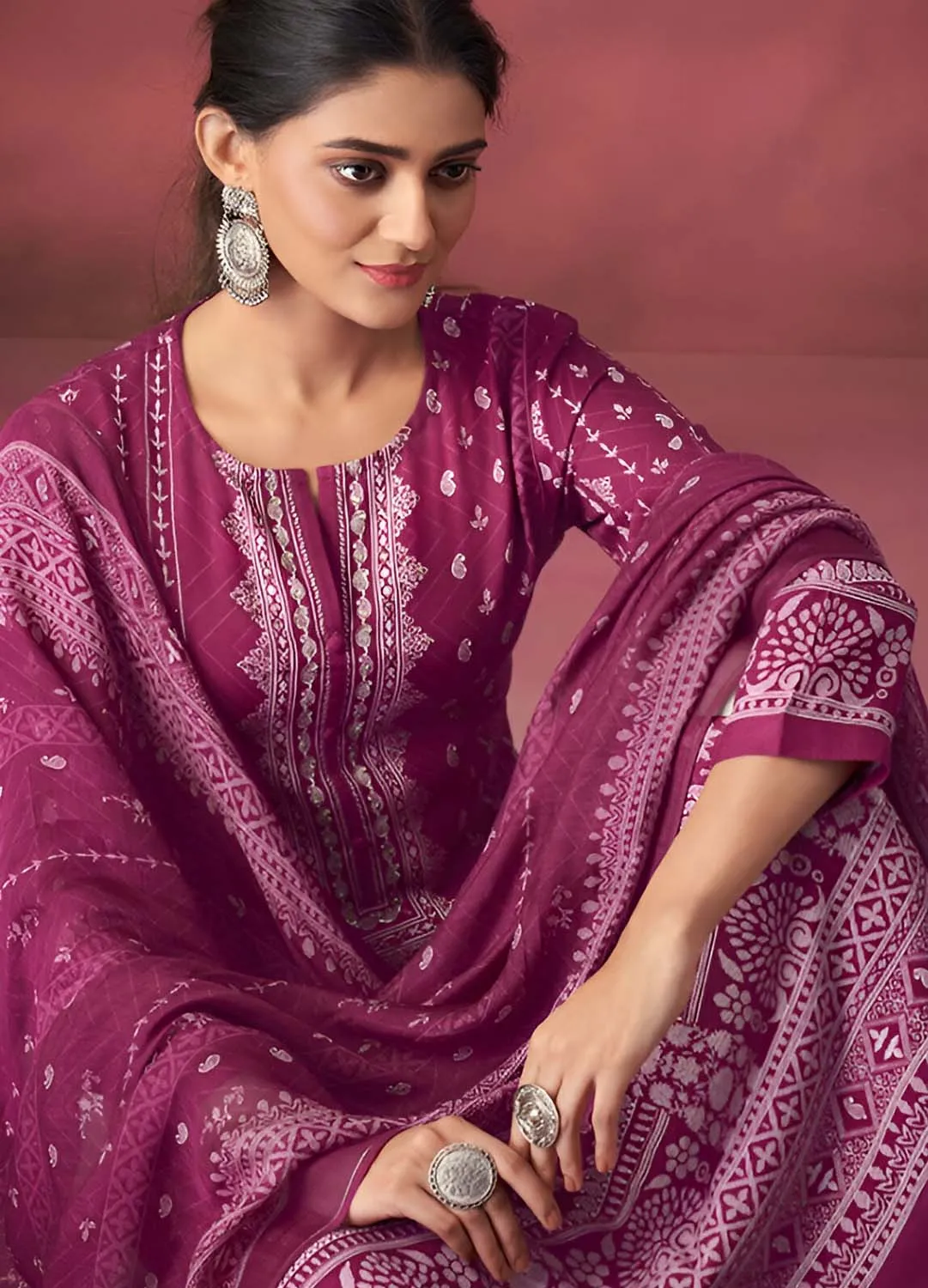 Unstitched Pink Pashmina Winter Suit Material with Muslin Silk Dupatta
